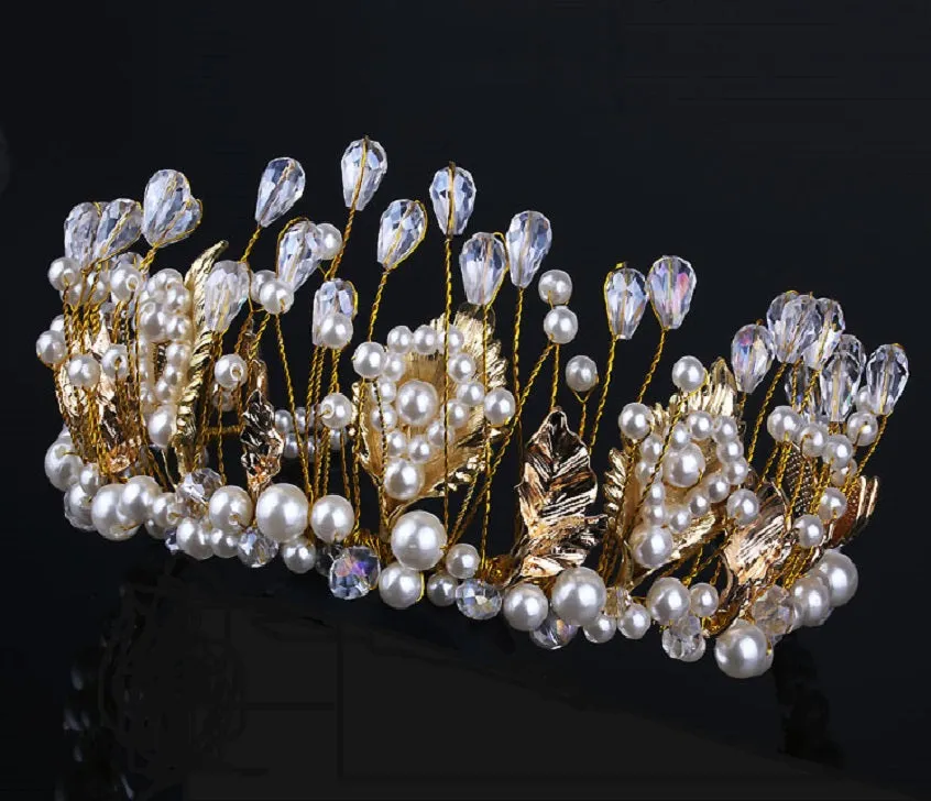Baroque Style Gold Leaf Pearl & Crystal Wedding Tiara
