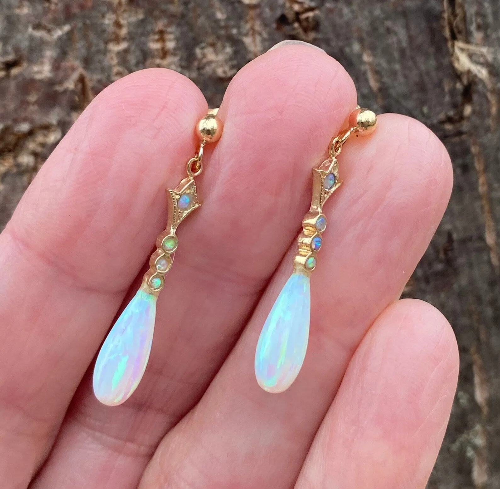 Beautiful Vintage Gold Dangle Teardrop Opal Earrings