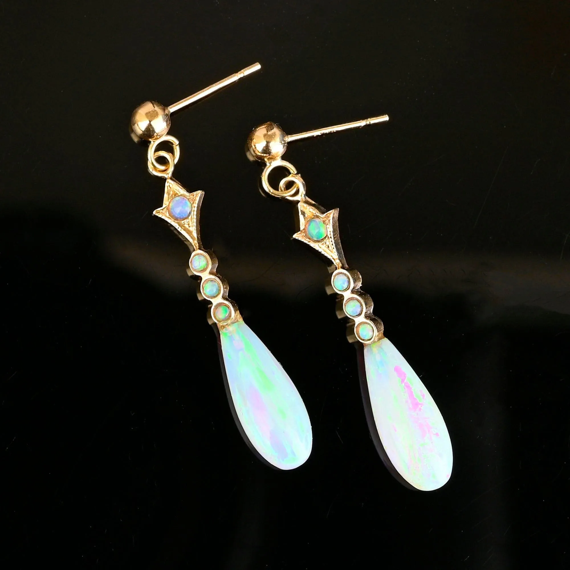 Beautiful Vintage Gold Dangle Teardrop Opal Earrings