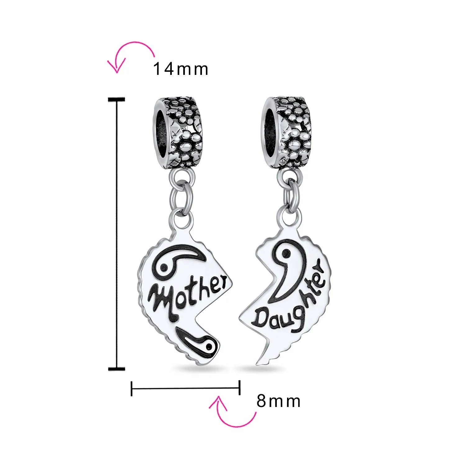 BFF Mom Daughter 2PC Split Heart Dangle Bead Charm Sterling Silver