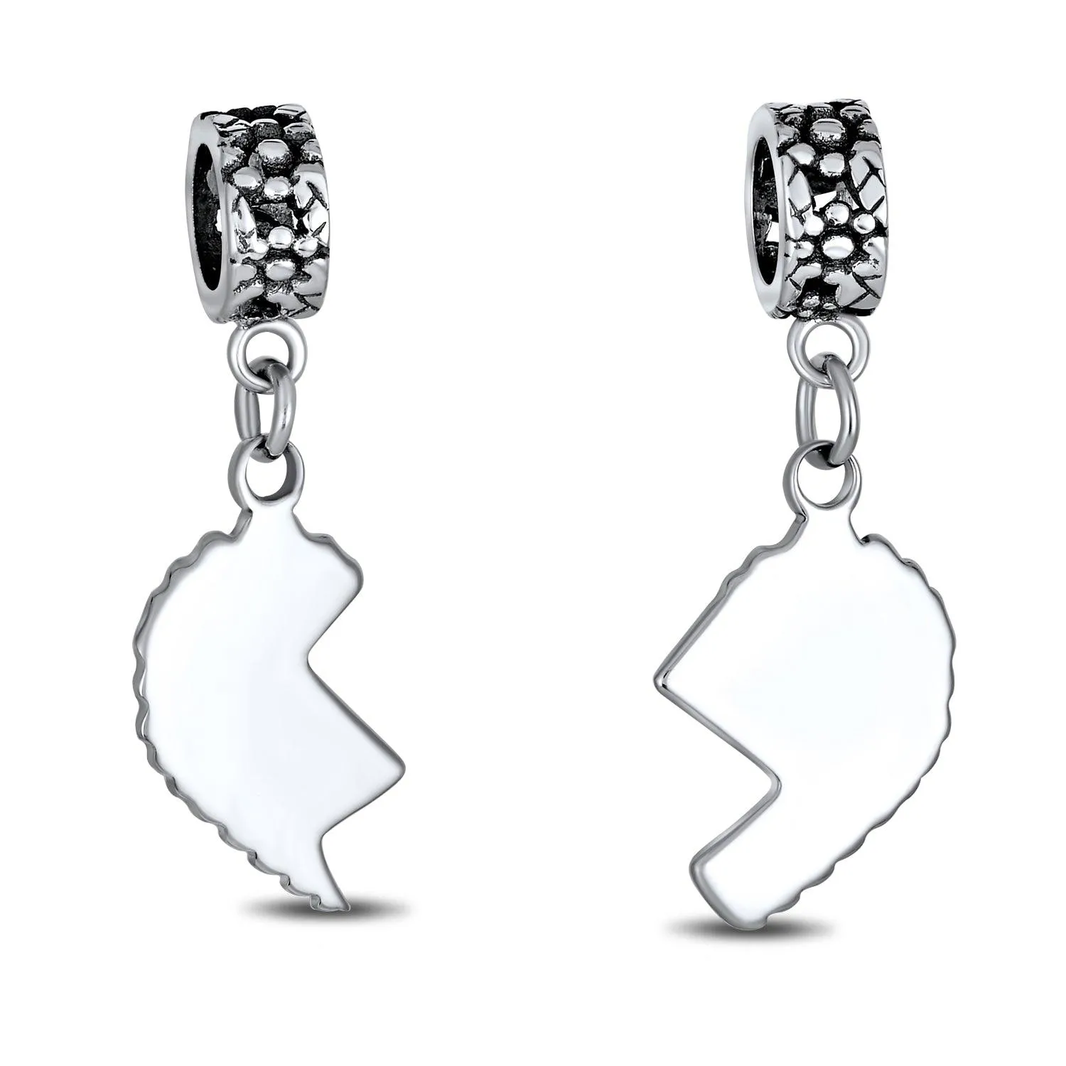 BFF Mom Daughter 2PC Split Heart Dangle Bead Charm Sterling Silver
