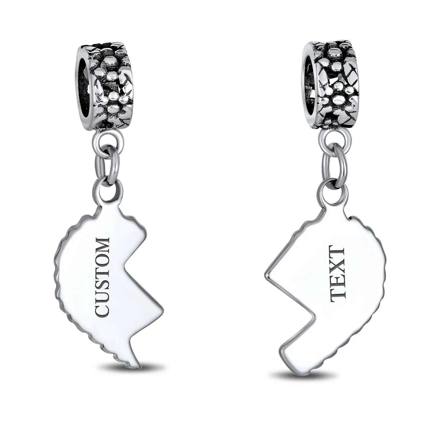 BFF Mom Daughter 2PC Split Heart Dangle Bead Charm Sterling Silver