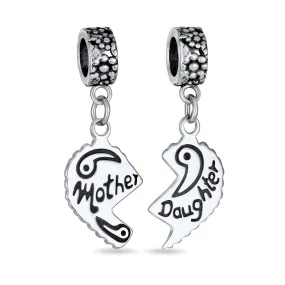 BFF Mom Daughter 2PC Split Heart Dangle Bead Charm Sterling Silver