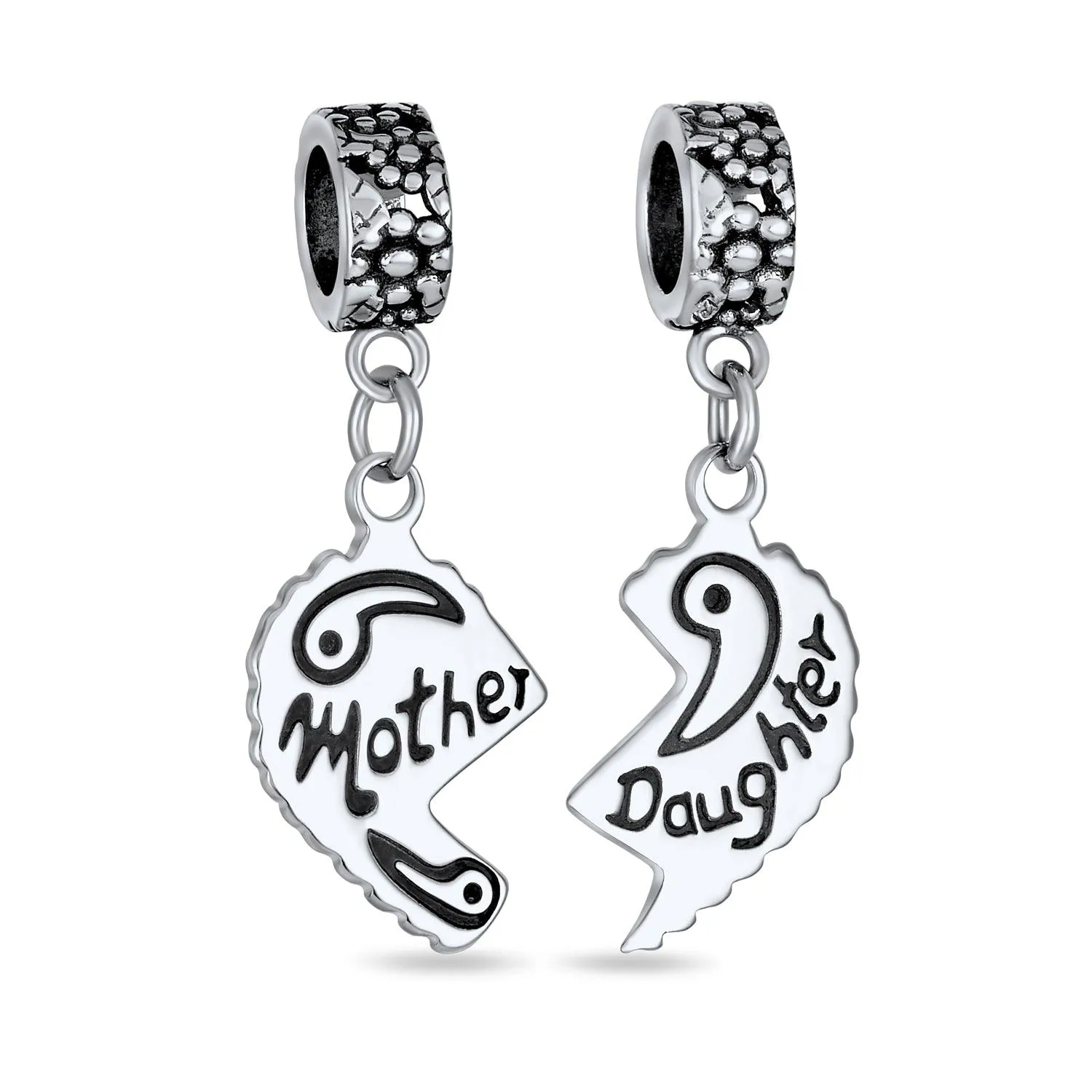 BFF Mom Daughter 2PC Split Heart Dangle Bead Charm Sterling Silver
