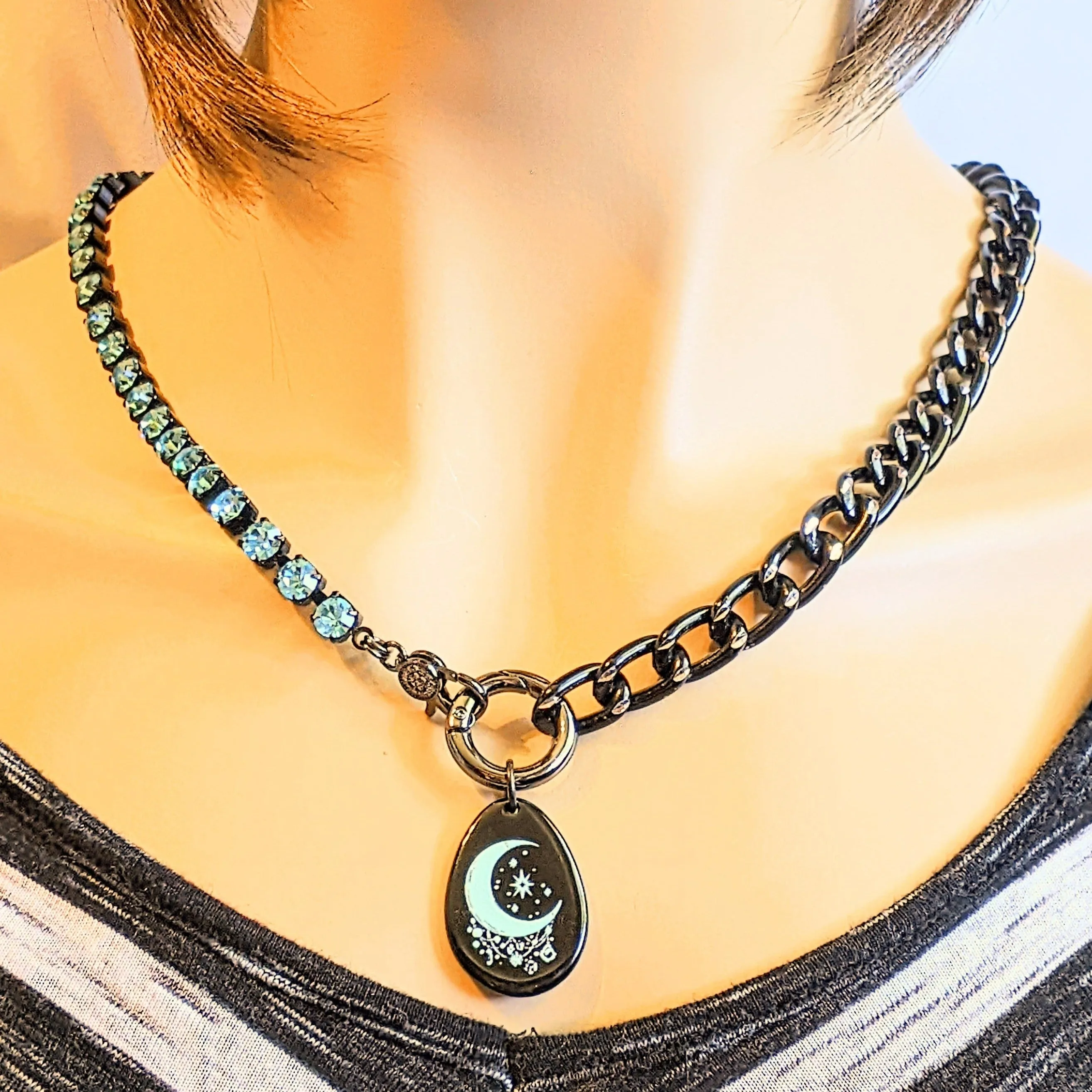 Black and Crystal Crescent Moon Snap Ring Necklace - 24 inch