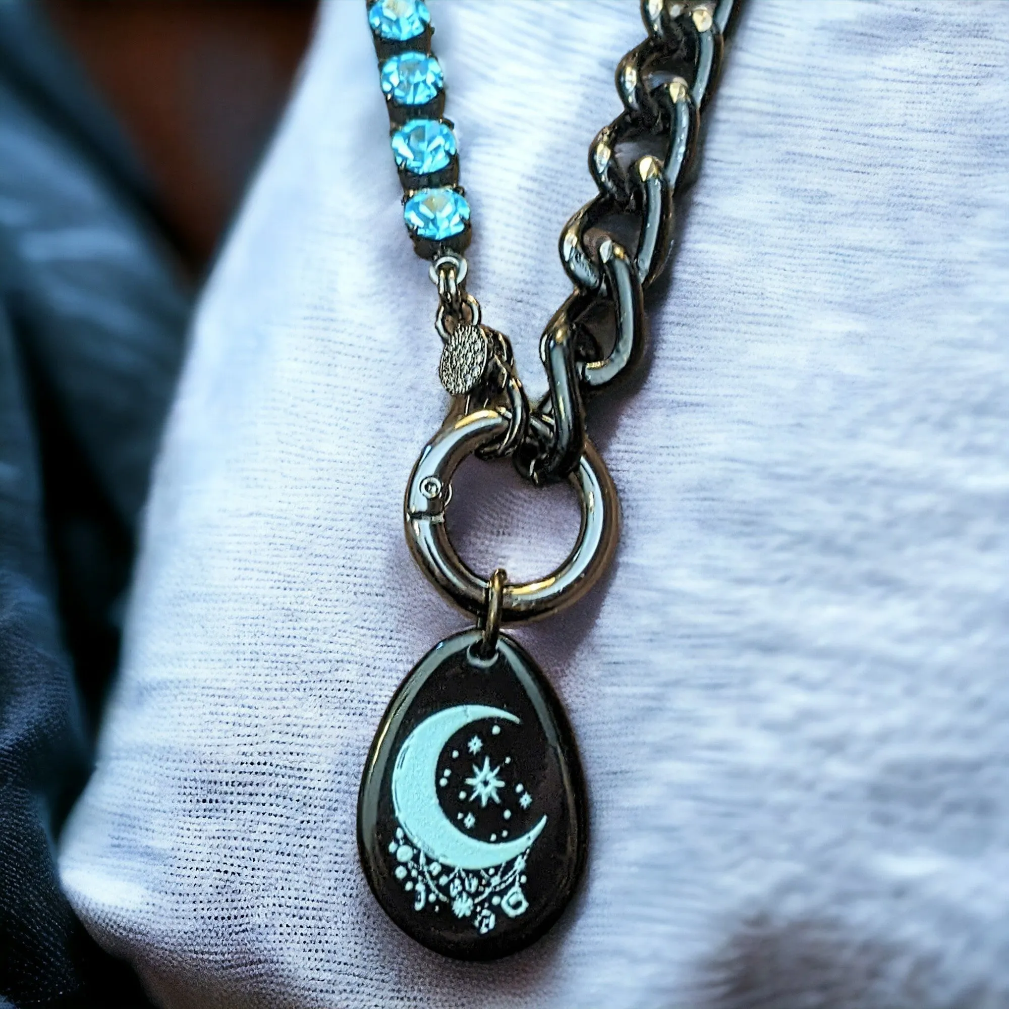 Black and Crystal Crescent Moon Snap Ring Necklace - 24 inch