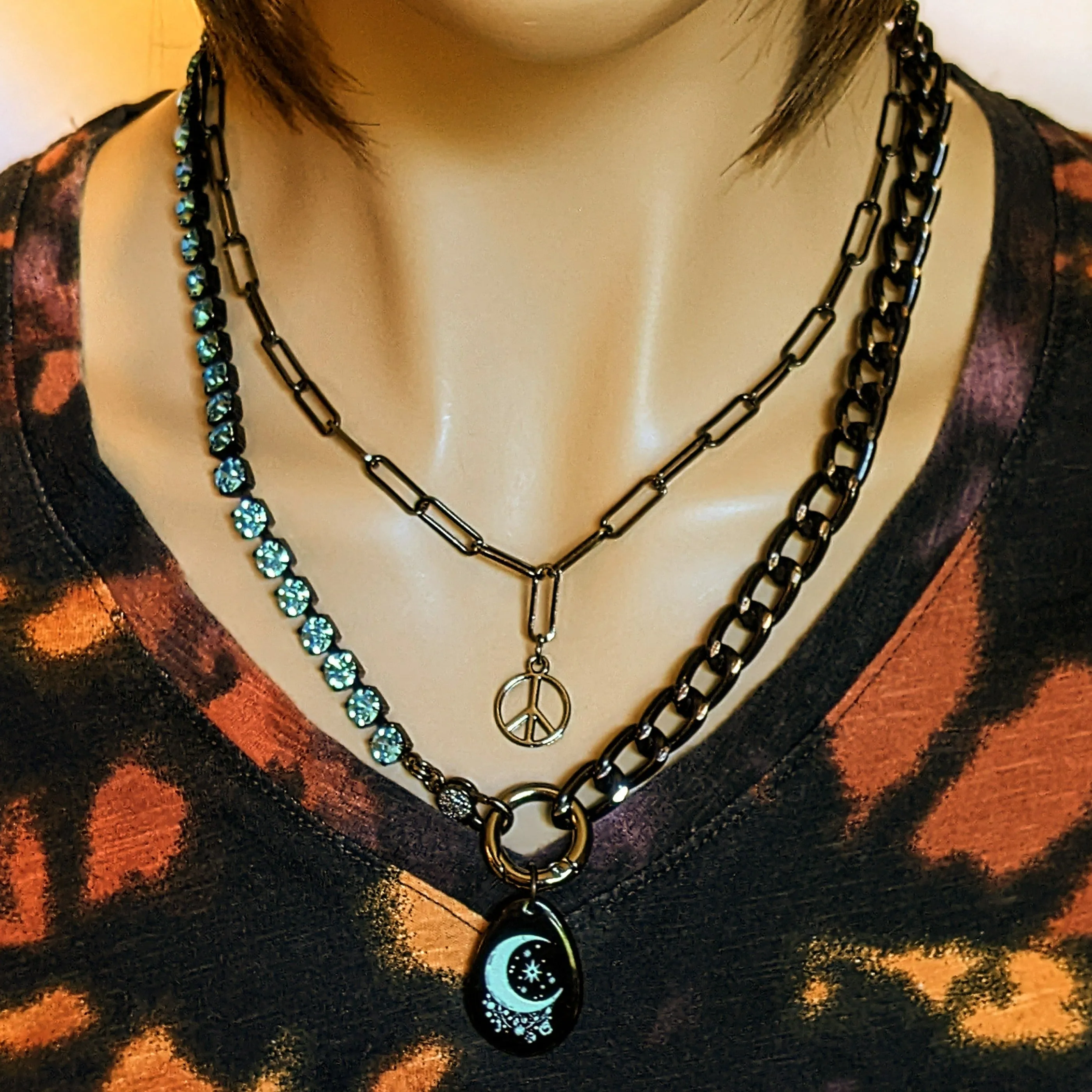 Black and Crystal Crescent Moon Snap Ring Necklace - 24 inch