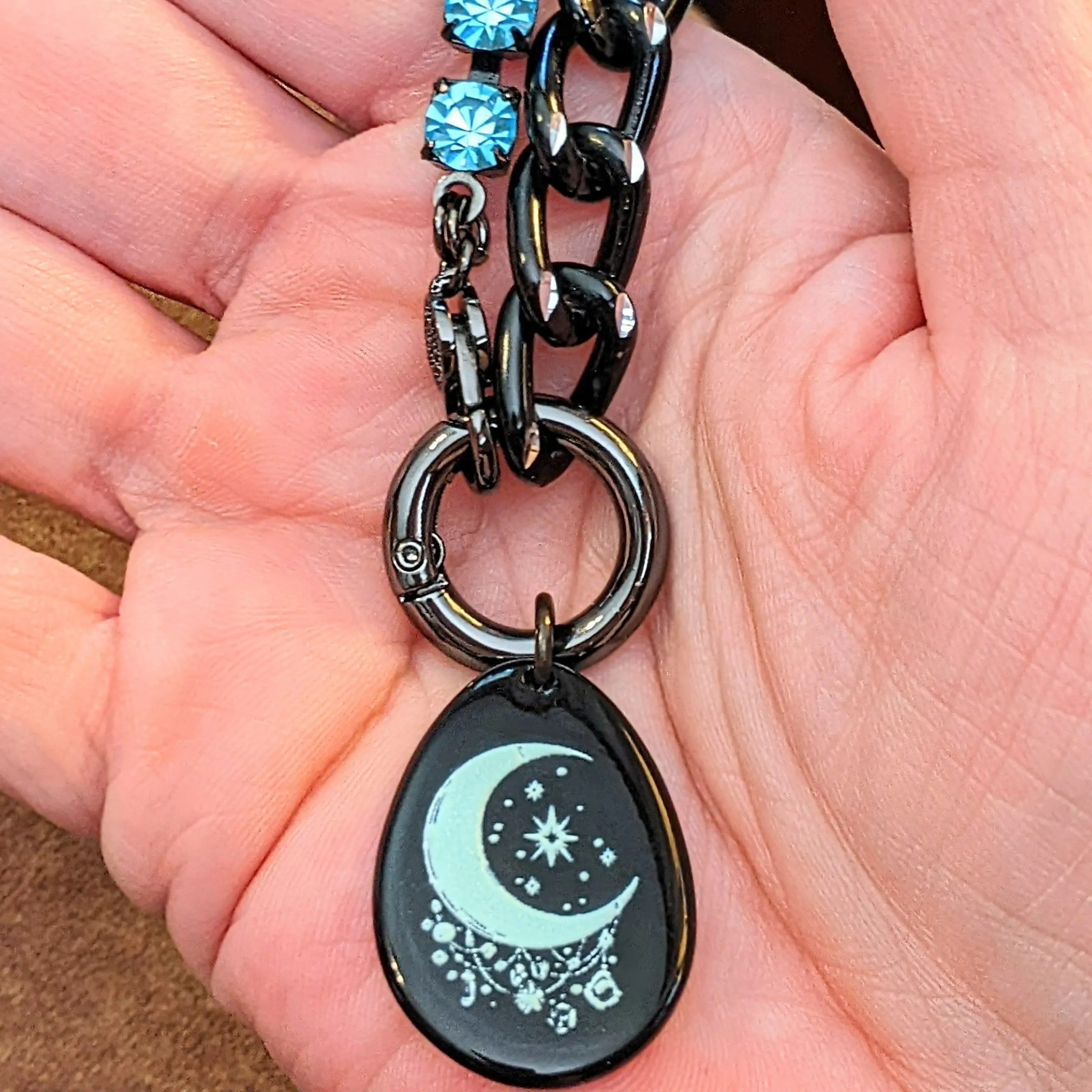 Black and Crystal Crescent Moon Snap Ring Necklace - 24 inch