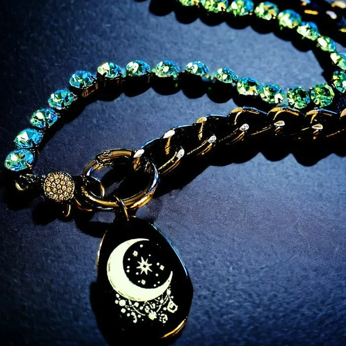 Black and Crystal Crescent Moon Snap Ring Necklace - 24 inch