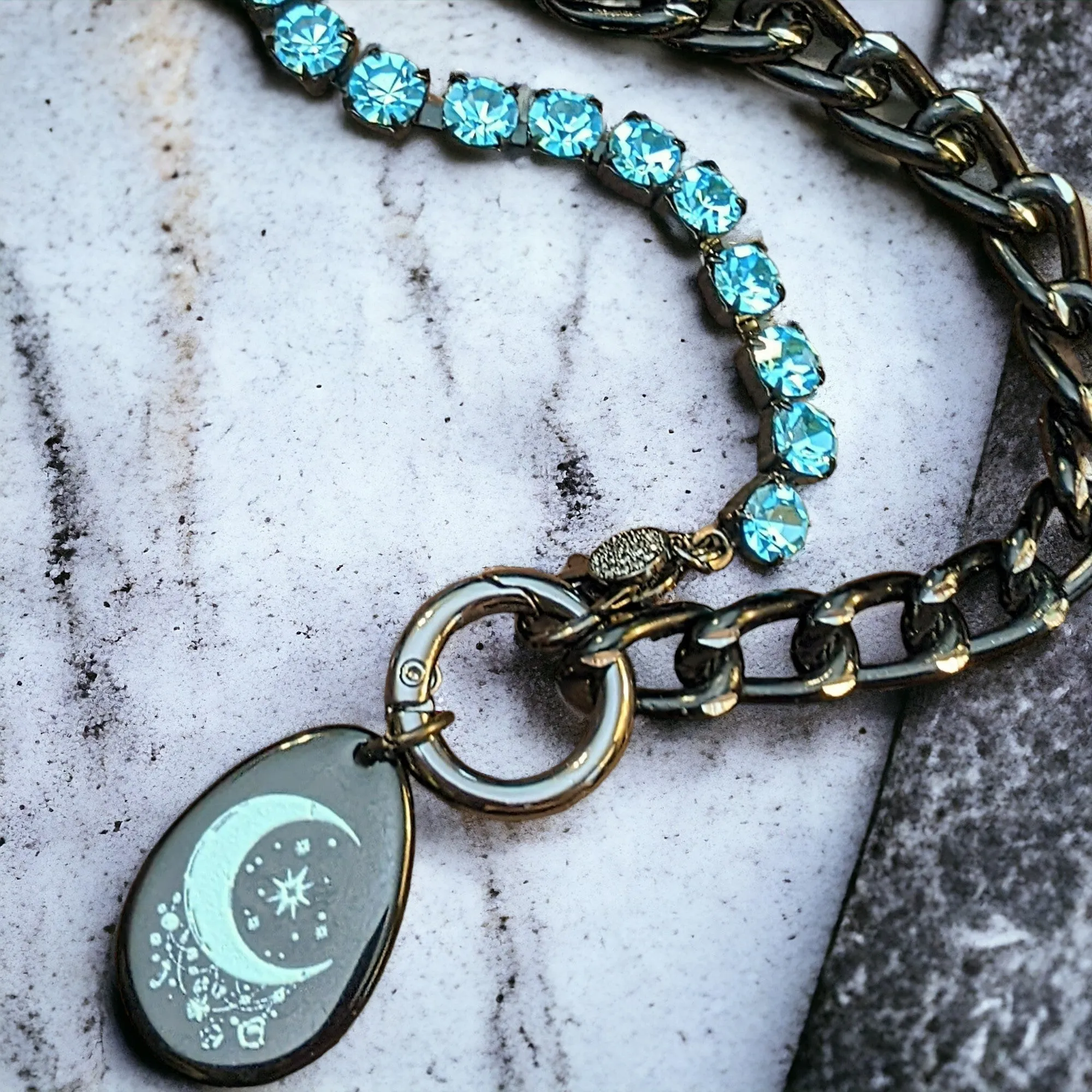 Black and Crystal Crescent Moon Snap Ring Necklace - 24 inch
