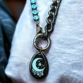 Black and Crystal Crescent Moon Snap Ring Necklace - 24 inch
