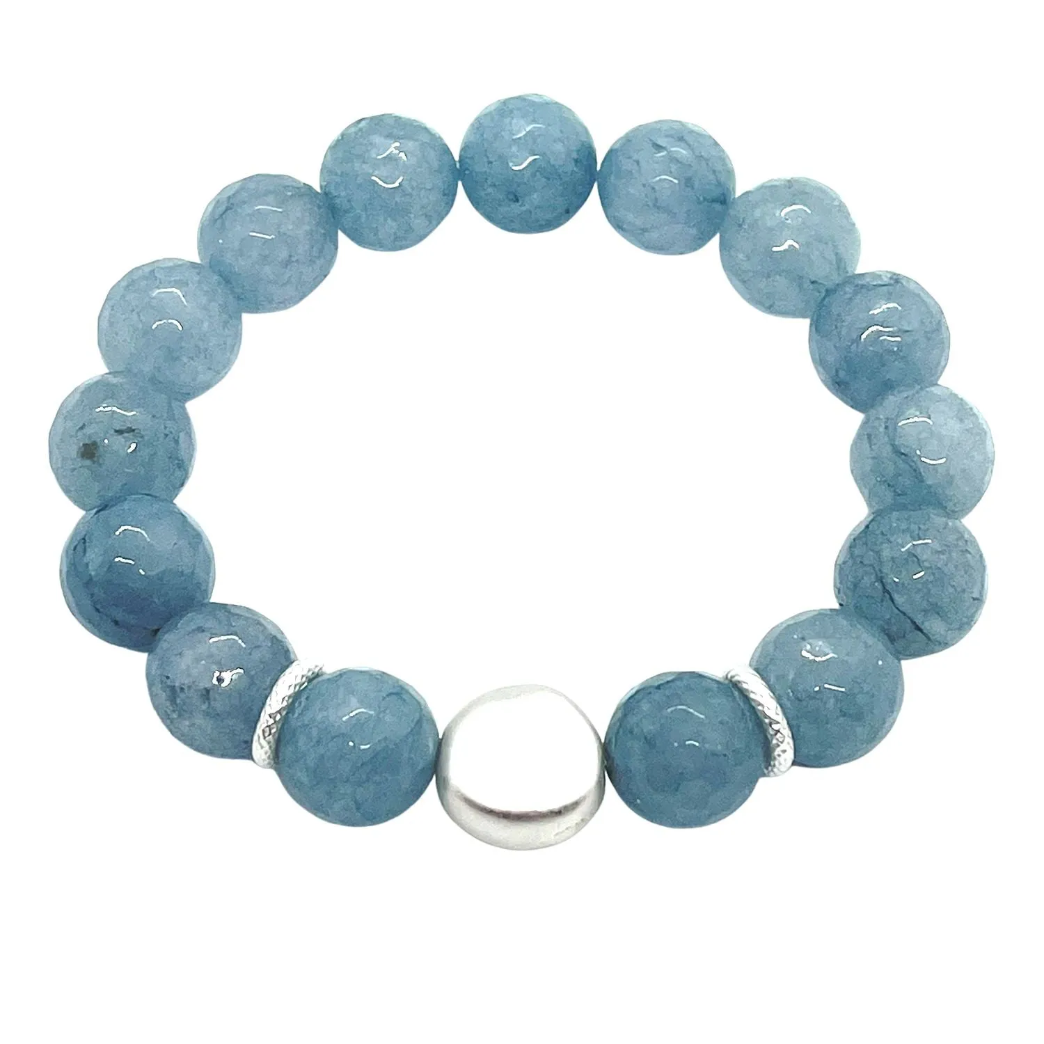 Blue Jade And Flat Matte Silver Bead Stretch Bracelet