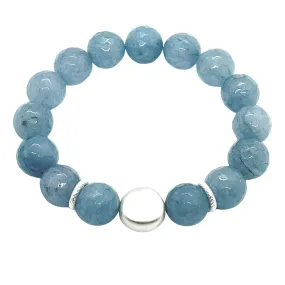 Blue Jade And Flat Matte Silver Bead Stretch Bracelet
