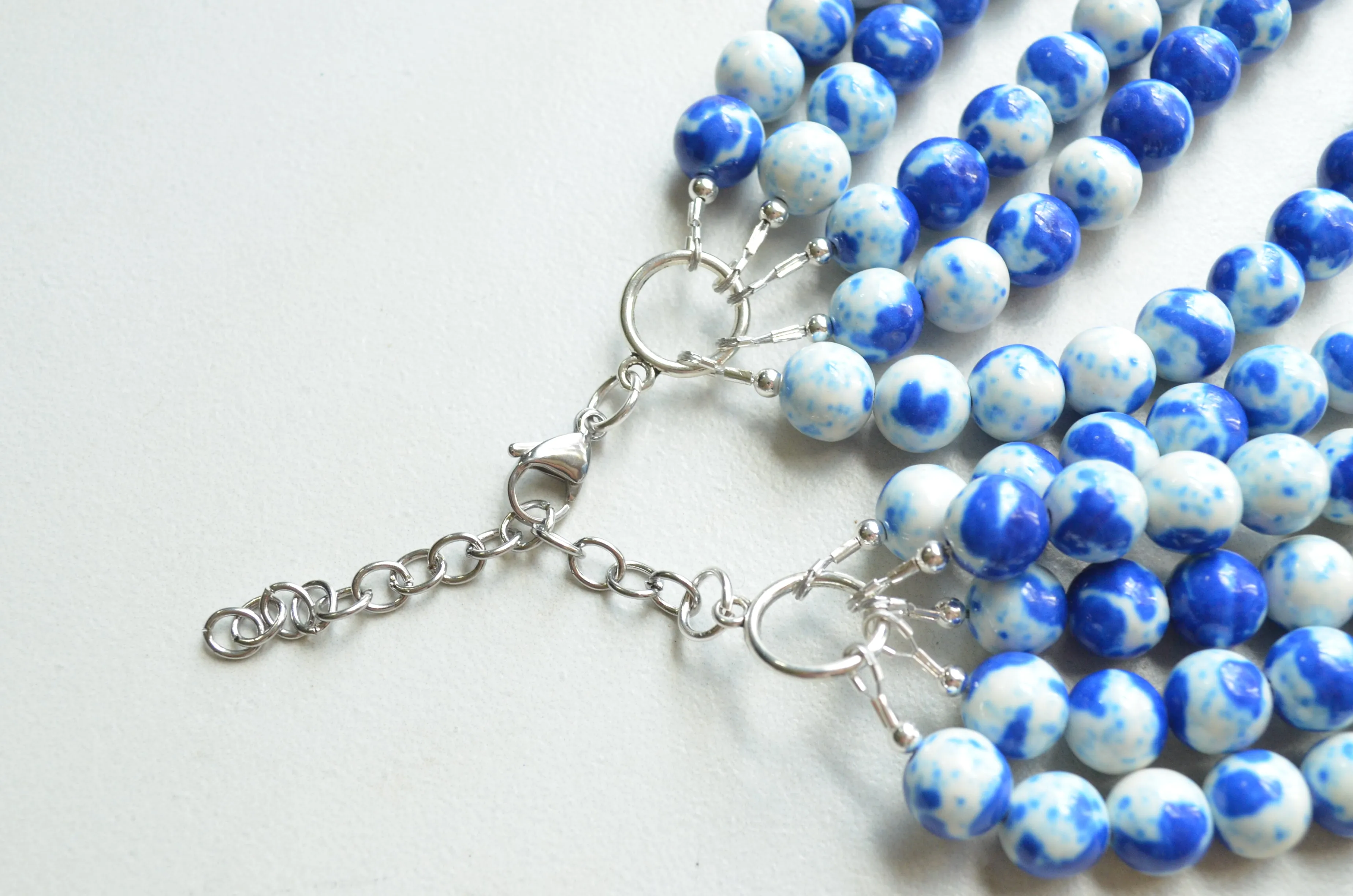 Blue White Jade Beaded Chunky Multi Strand Statement Necklace - Alana