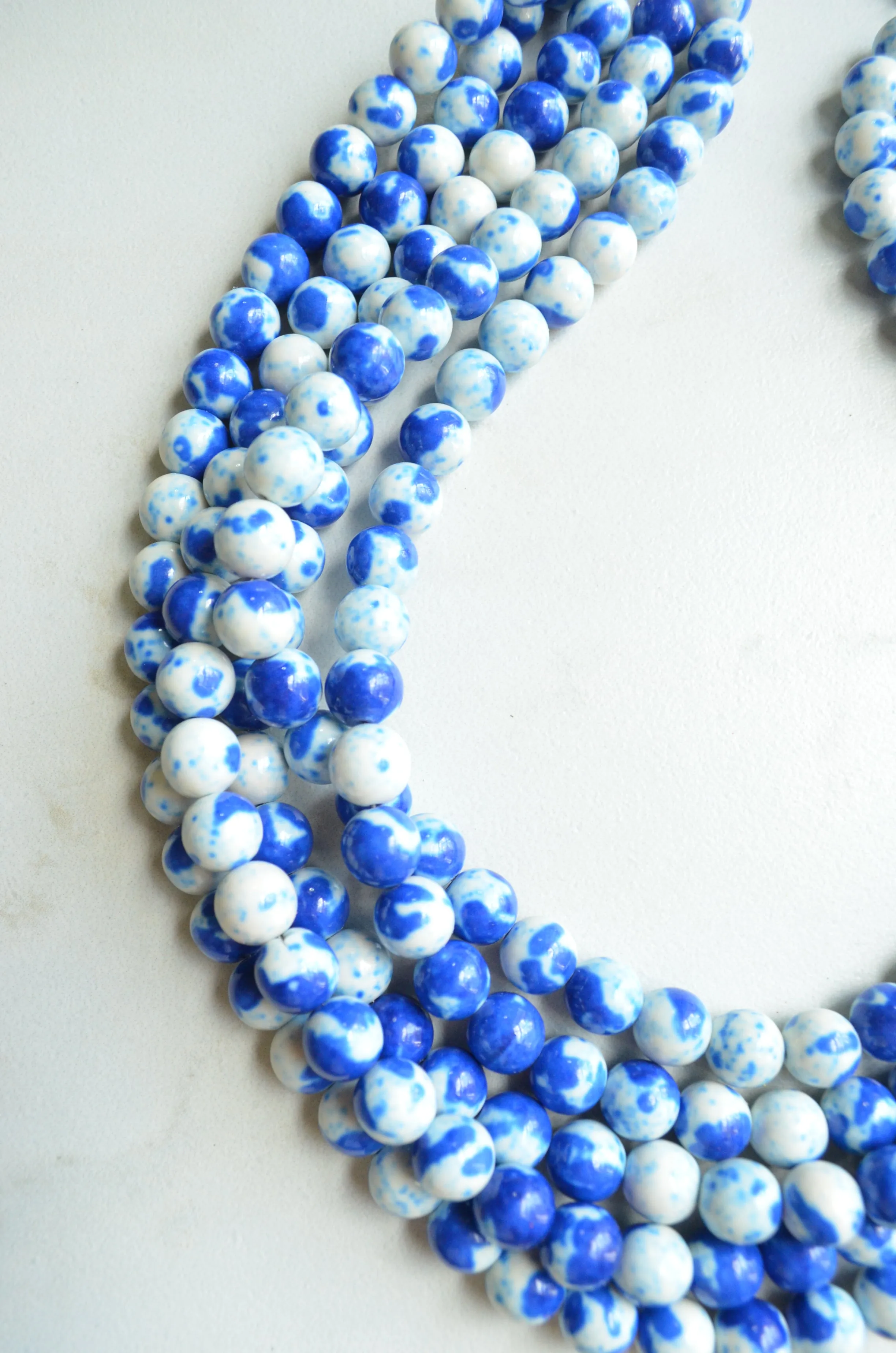 Blue White Jade Beaded Chunky Multi Strand Statement Necklace - Alana