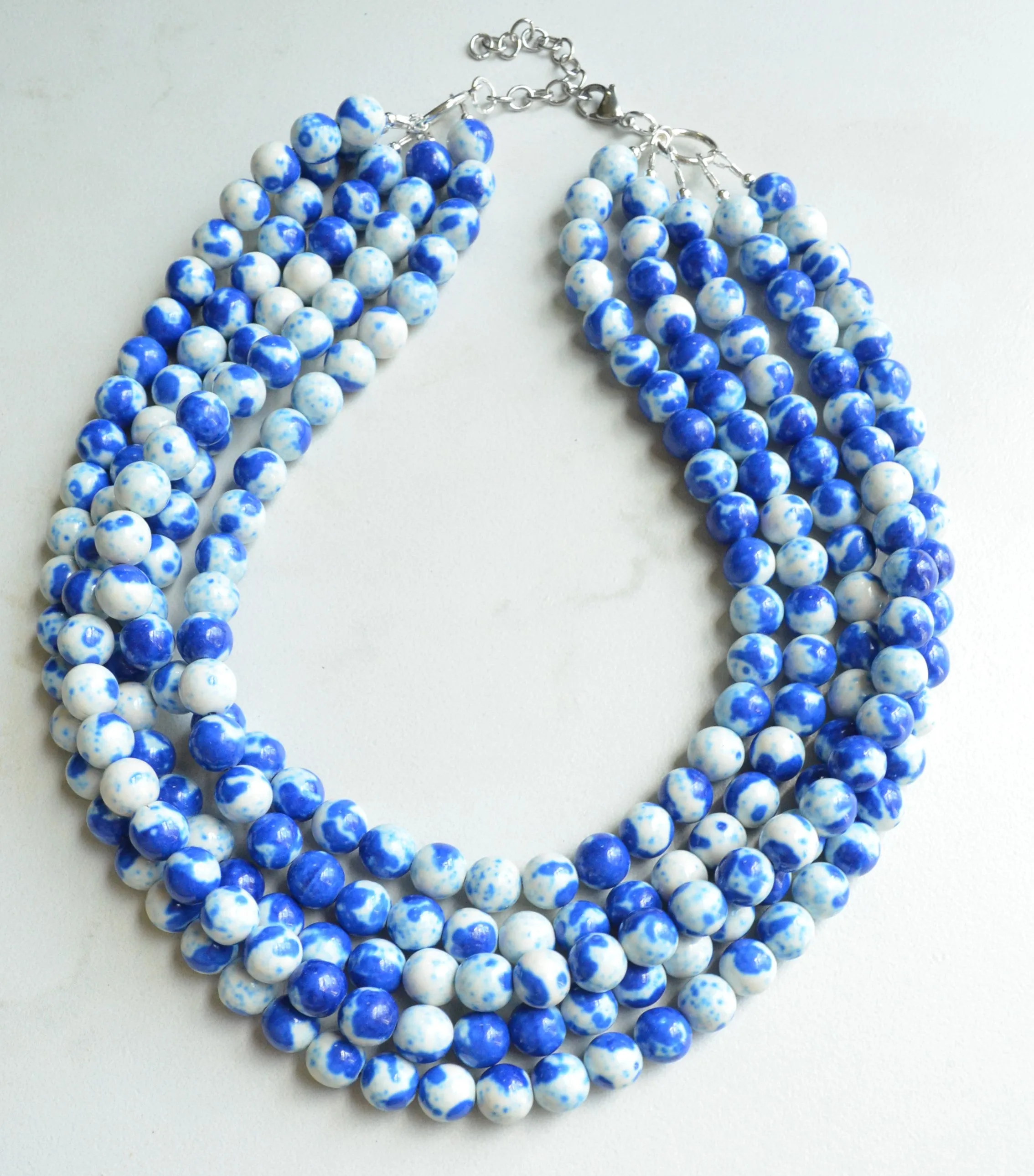 Blue White Jade Beaded Chunky Multi Strand Statement Necklace - Alana