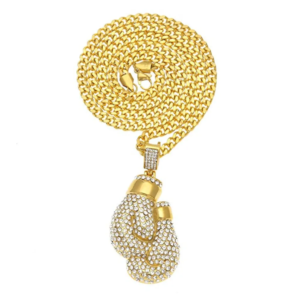 Boxing Gloves Diamond Boxing Jewelry Boxing Gloves Chain Simulated Diamond Gold Silver Color Metal Alloy 24in.