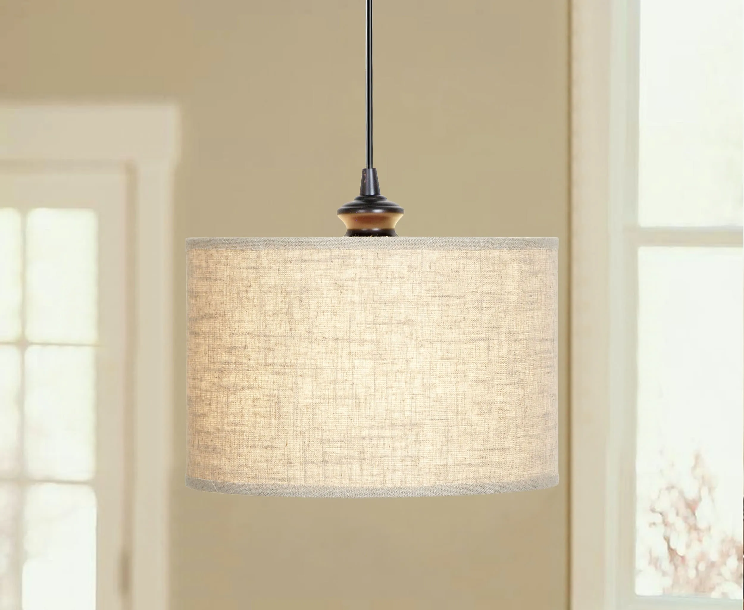 Brushed Bronze Linen Drum Shade Instant Pendant Recessed Can Conversion Kit