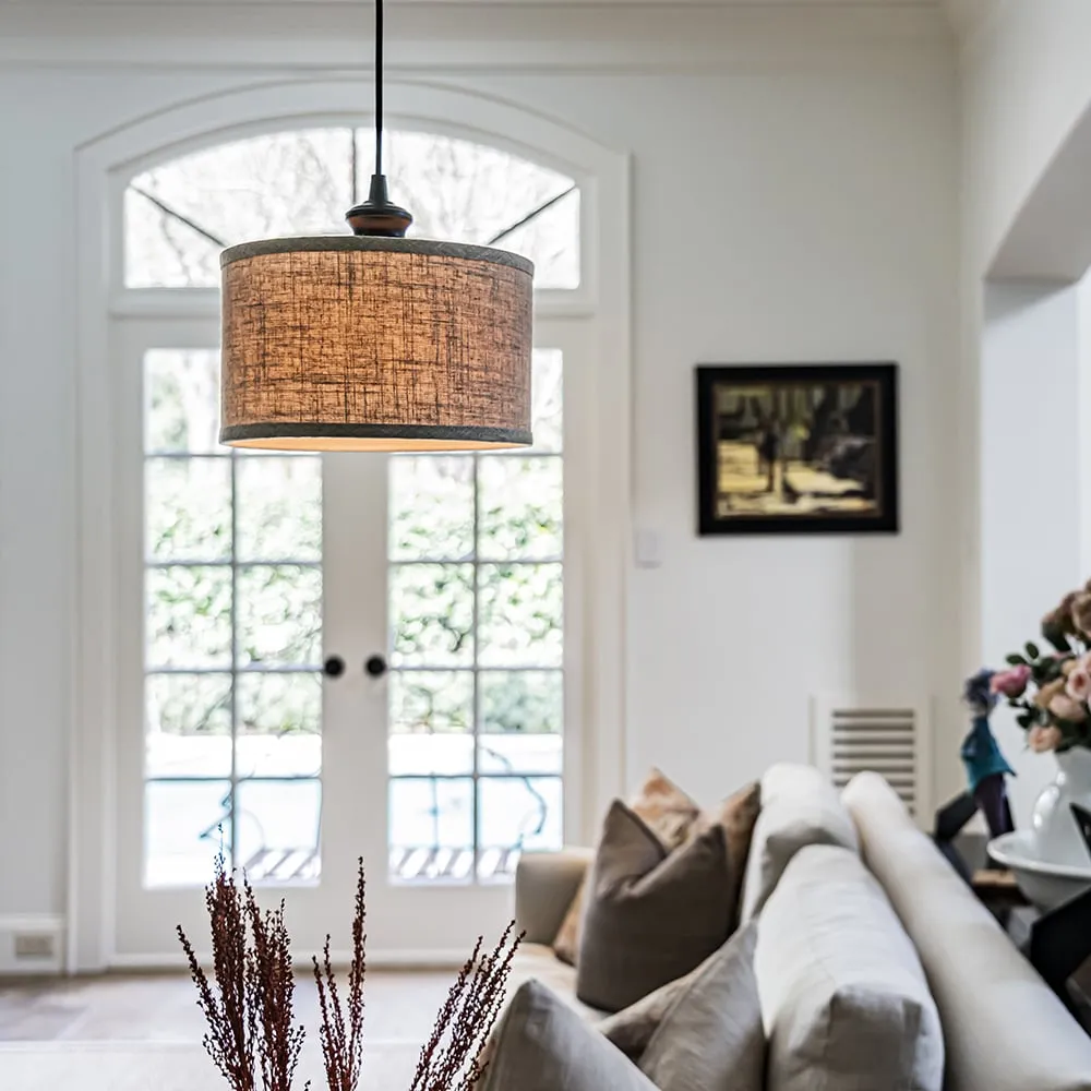 Brushed Bronze Linen Drum Shade Instant Pendant Recessed Can Conversion Kit