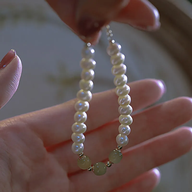 Buddha Stones 14K Gold Plated Natural Pearl Hetian Cyan Jade White Jade Sincerity Bead Chain Bracelet