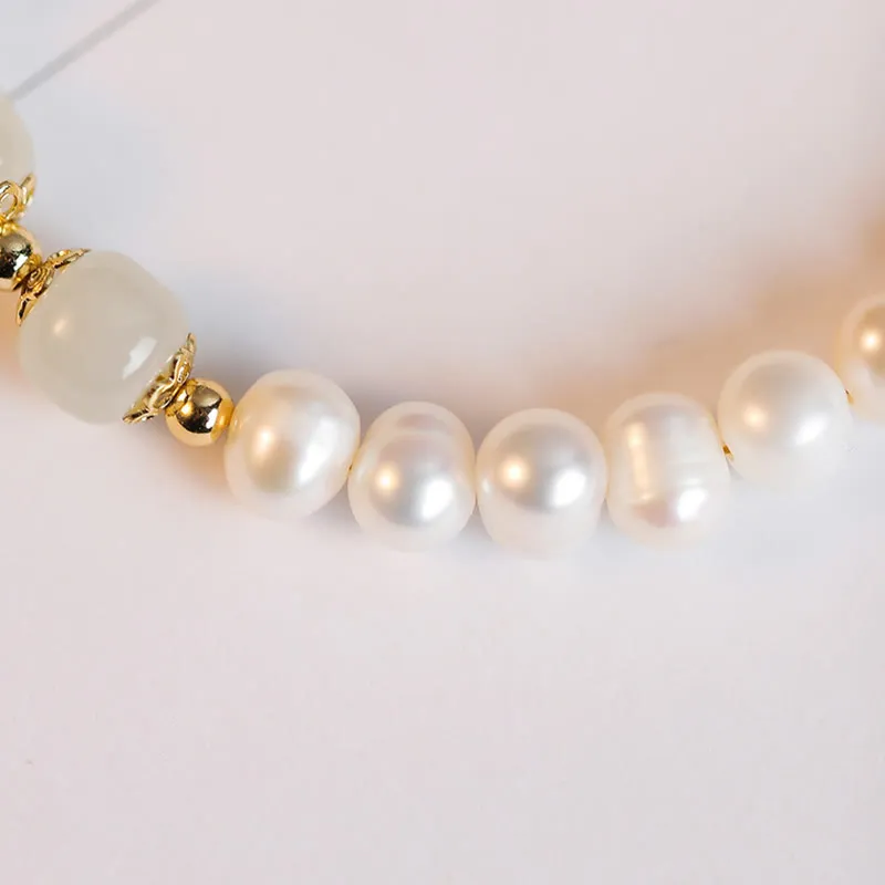 Buddha Stones 14K Gold Plated Natural Pearl Hetian Cyan Jade White Jade Sincerity Bead Chain Bracelet