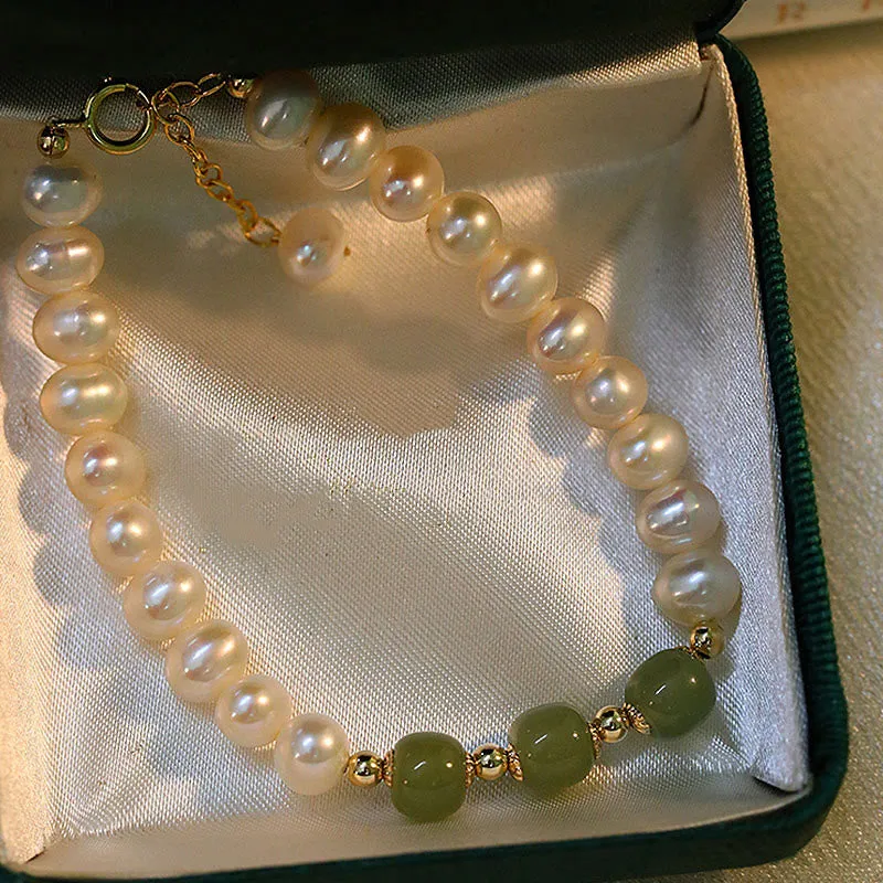 Buddha Stones 14K Gold Plated Natural Pearl Hetian Cyan Jade White Jade Sincerity Bead Chain Bracelet