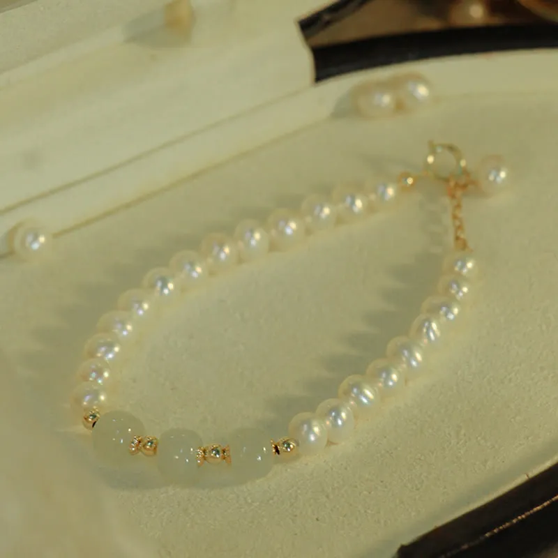 Buddha Stones 14K Gold Plated Natural Pearl Hetian Cyan Jade White Jade Sincerity Bead Chain Bracelet