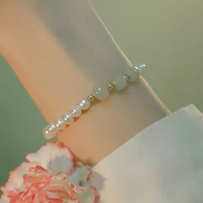 Buddha Stones 14K Gold Plated Natural Pearl Hetian Cyan Jade White Jade Sincerity Bead Chain Bracelet