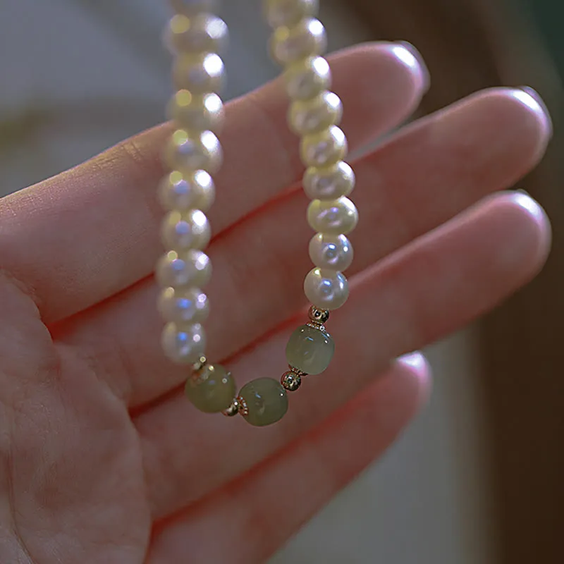 Buddha Stones 14K Gold Plated Natural Pearl Hetian Cyan Jade White Jade Sincerity Bead Chain Bracelet