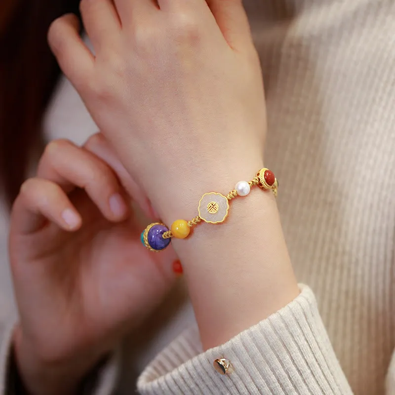 Buddha Stones 925 Sterling Silver Natural Hetian Jade Amber Red Agate Crystals Luck Bracelet