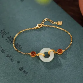 Buddha Stones 925 Sterling Silver Plated Gold Natural Hetian Jade Peace Buckle Red Agate Luck Bracelet