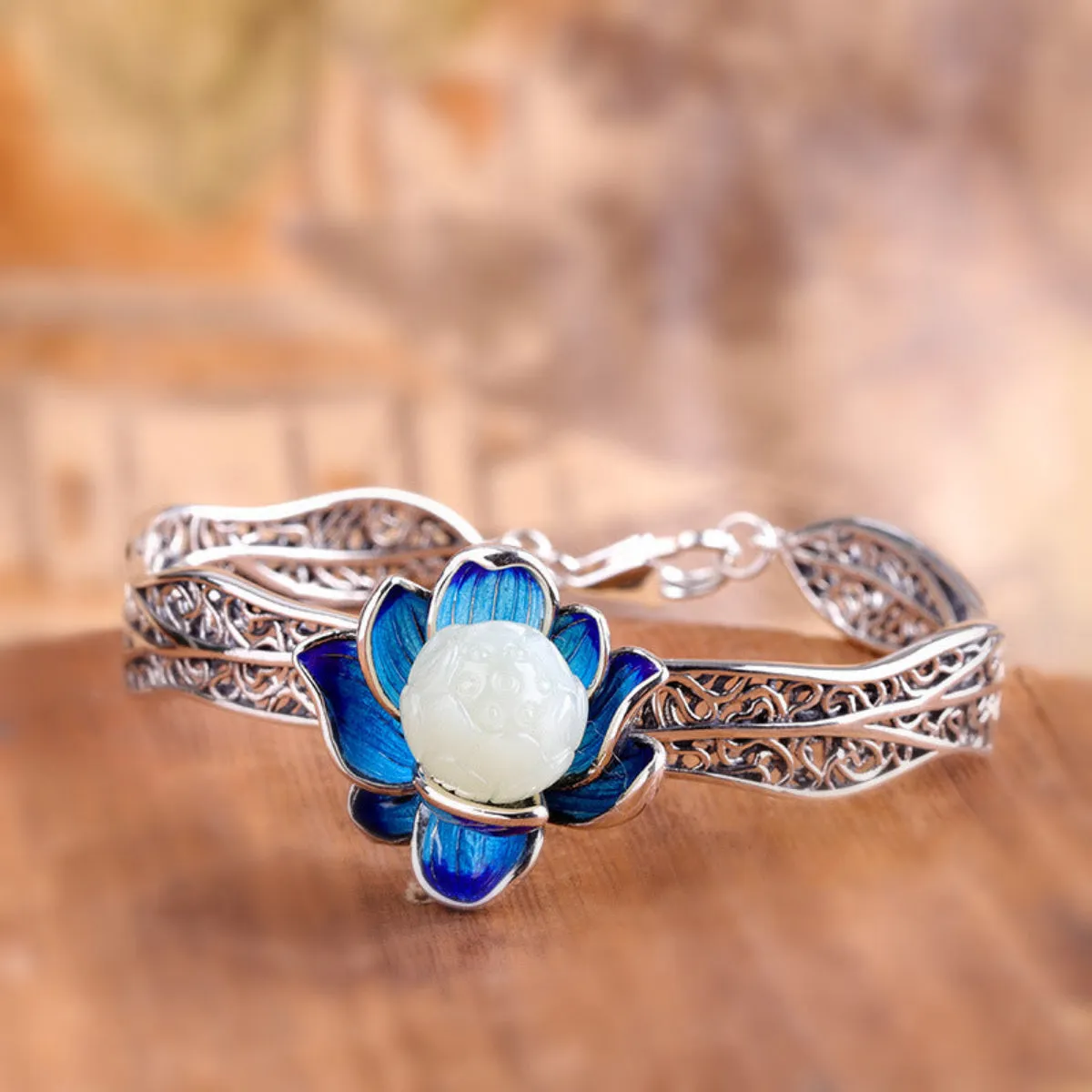 Burning Blue Craft 925 Silver Jewelry Women's Lotus And Tian Jade Ring