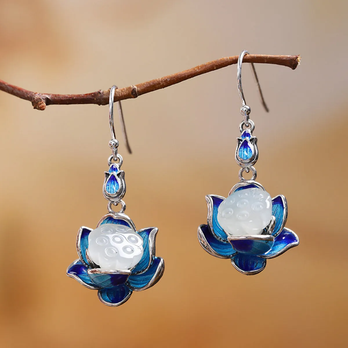 Burning Blue Craft 925 Silver Jewelry Women's Lotus And Tian Jade Ring