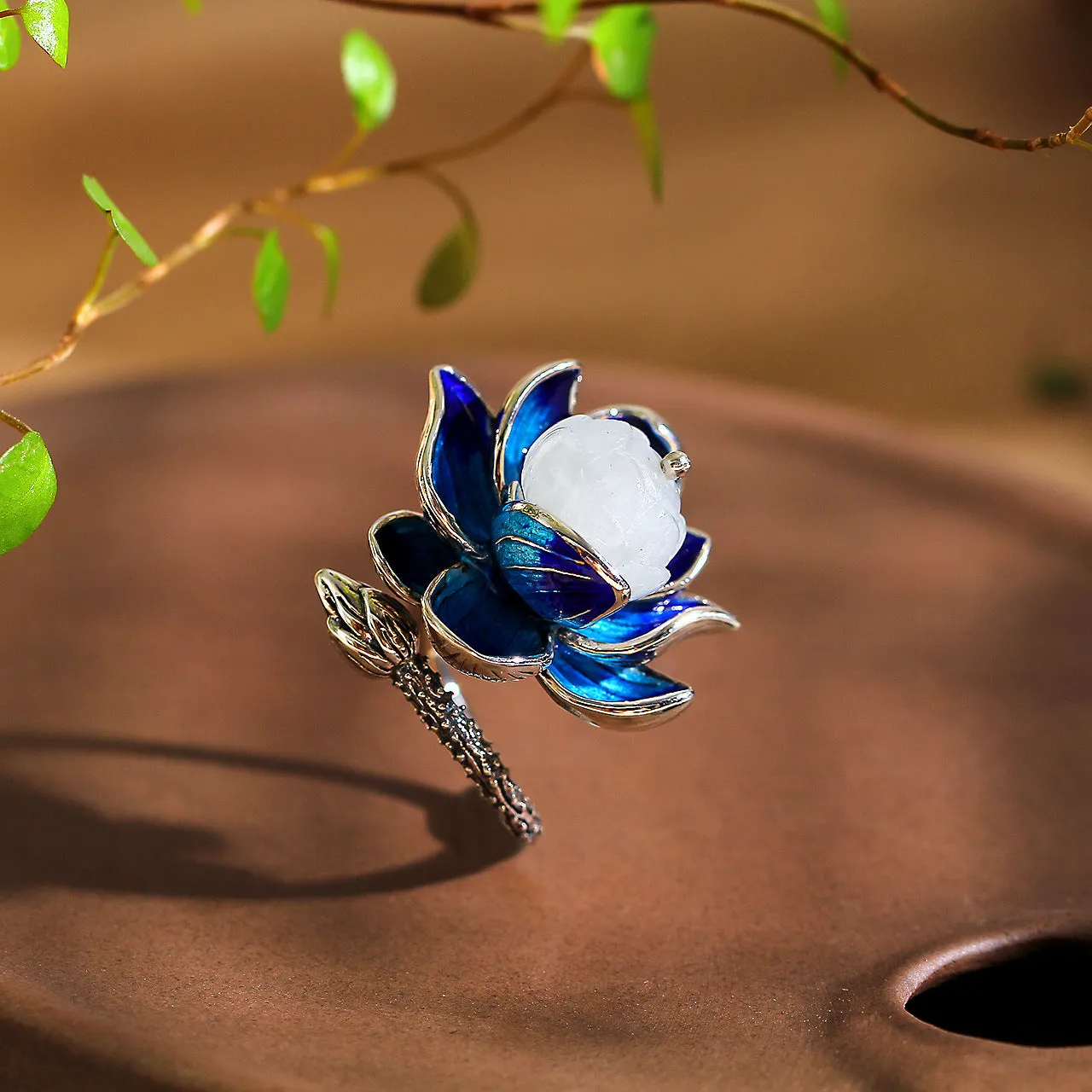Burning Blue Craft 925 Silver Jewelry Women's Lotus And Tian Jade Ring