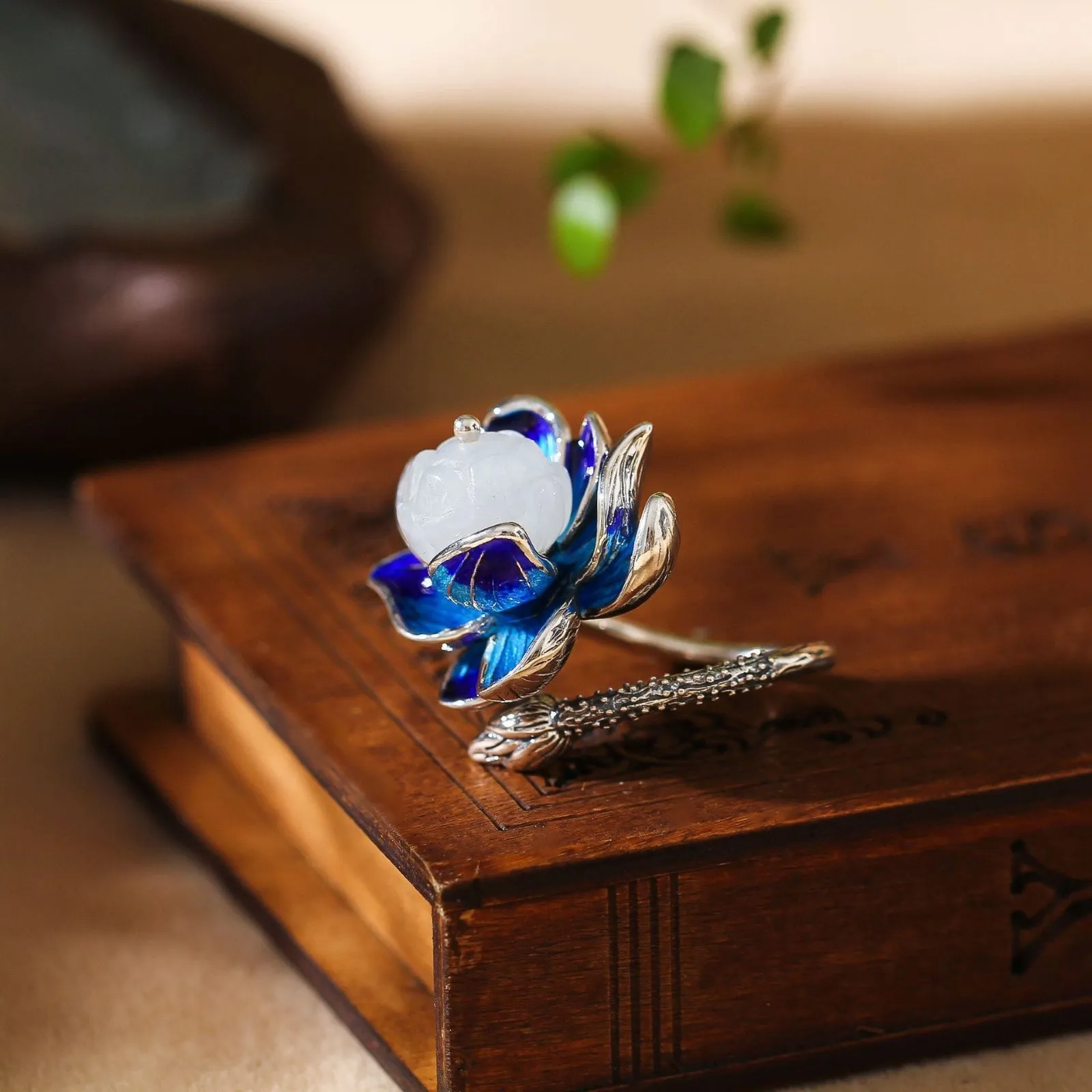Burning Blue Craft 925 Silver Jewelry Women's Lotus And Tian Jade Ring