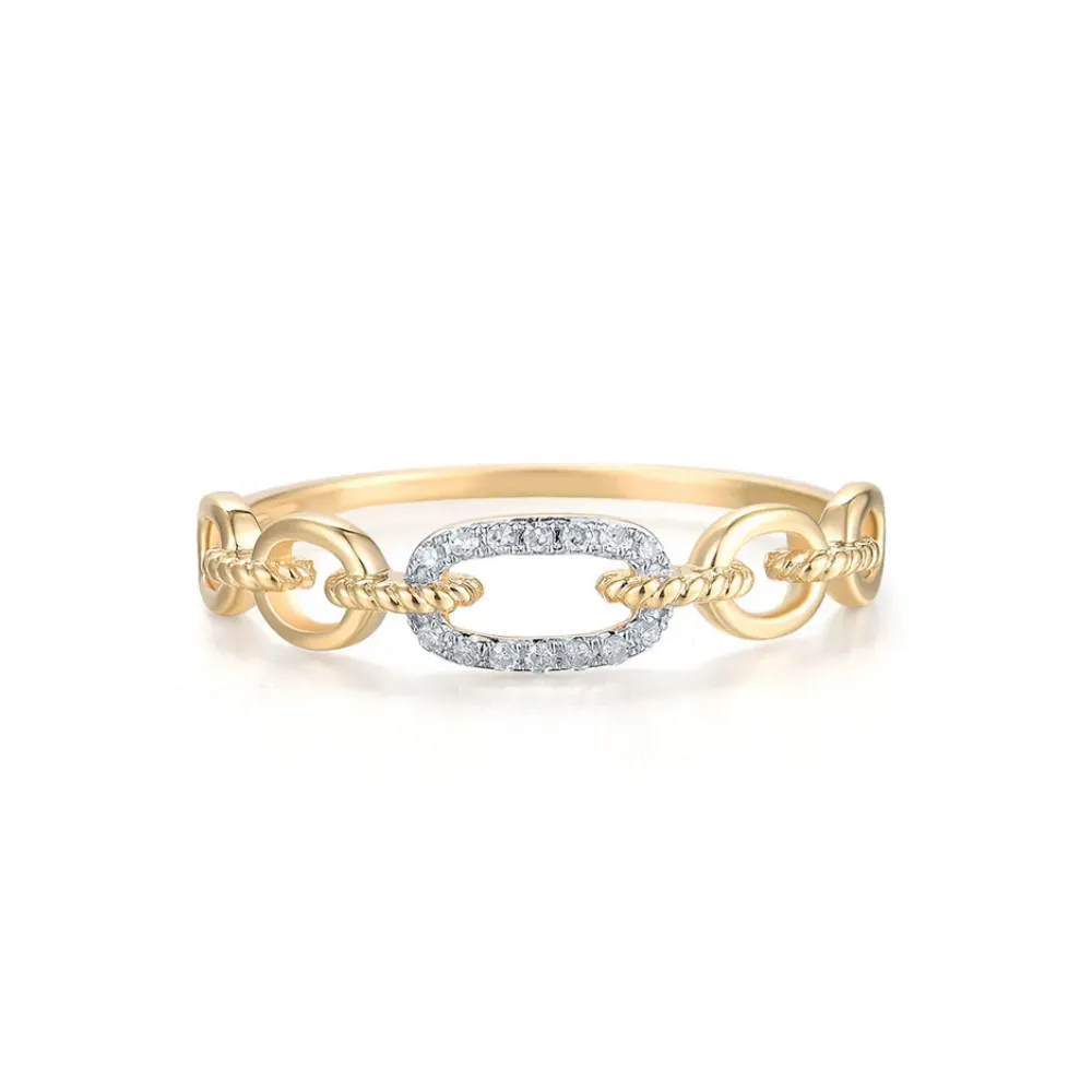 Cable Link 14K Solid Yellow Gold with 14 Natural Diamonds Ring Band for Women