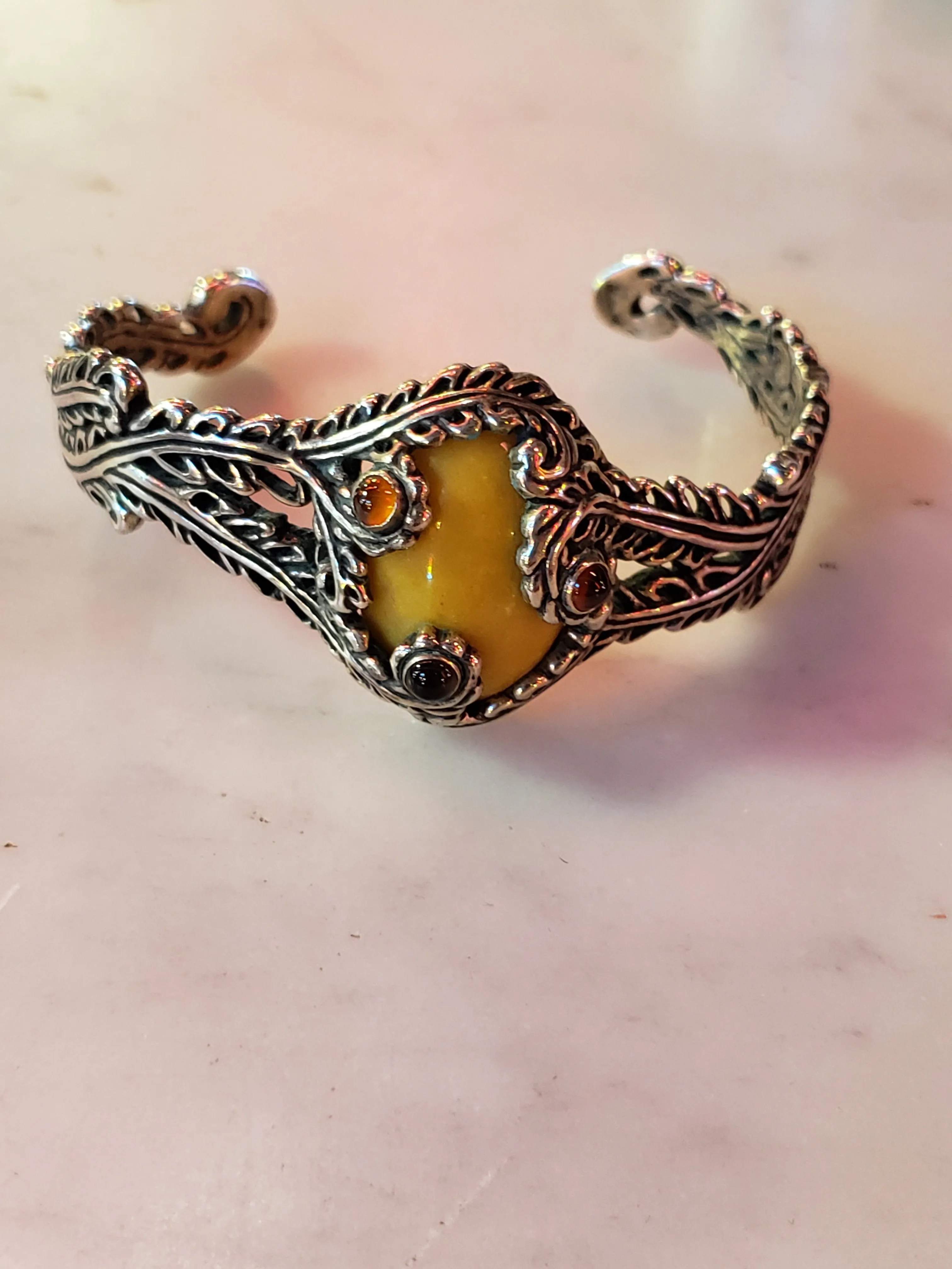 Carolyn Pollack Yellow Quartzite, Hessonite Garnet & Smoky Quartz Sterling Cuff Bracelet