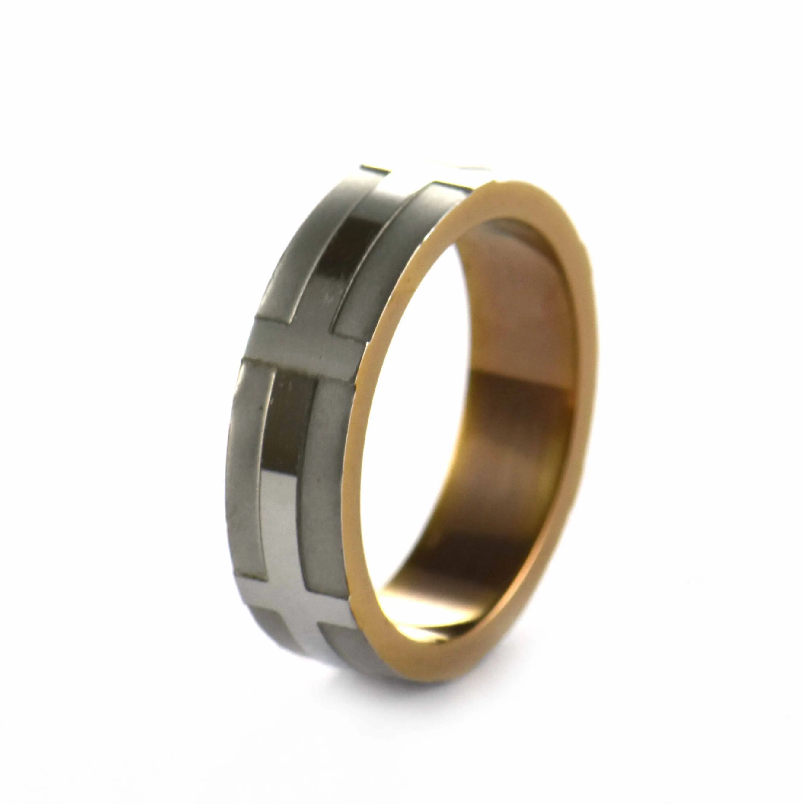 Cross pattern stainless steel couple ring with pink gold plating