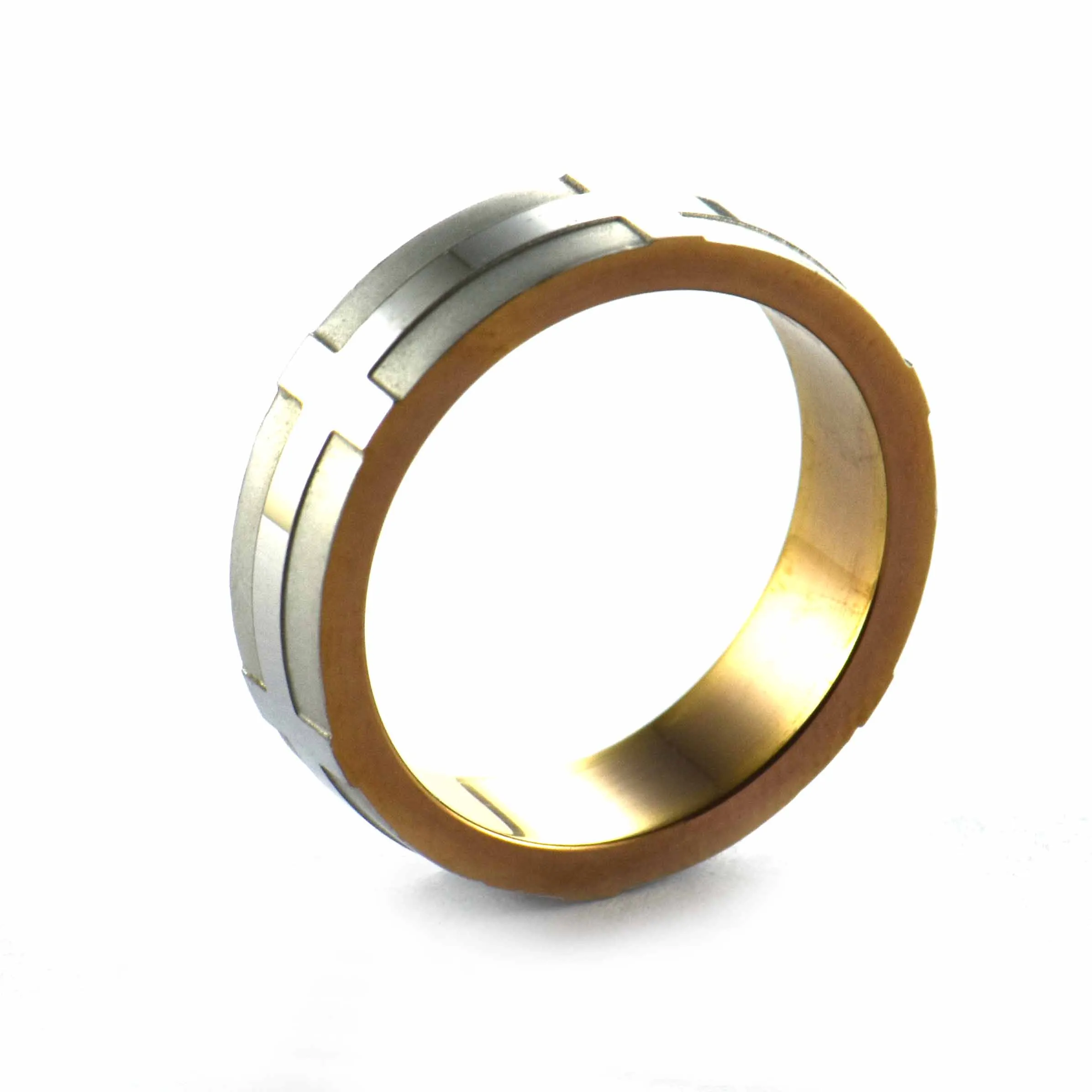 Cross pattern stainless steel couple ring with pink gold plating