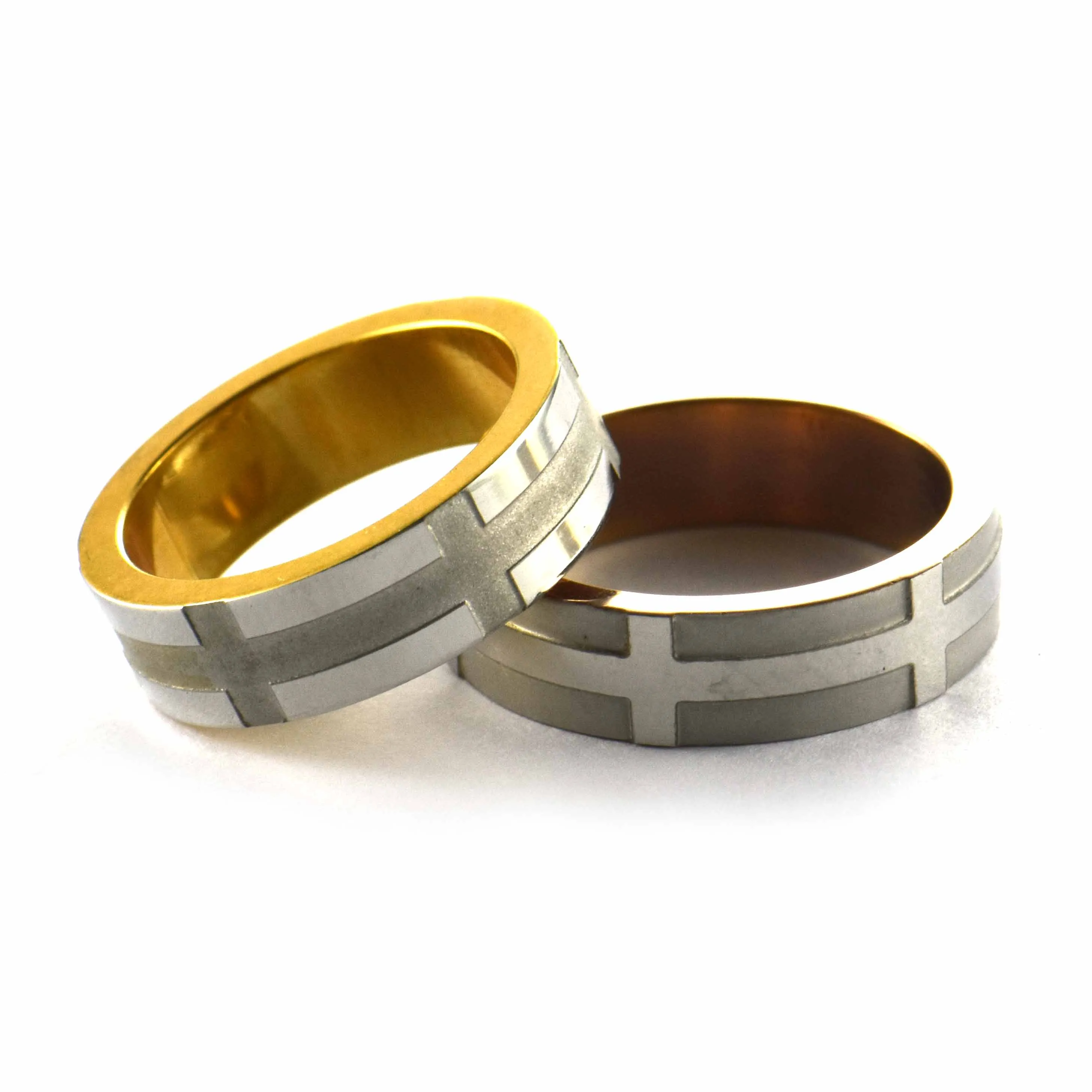 Cross pattern stainless steel couple ring with pink gold plating