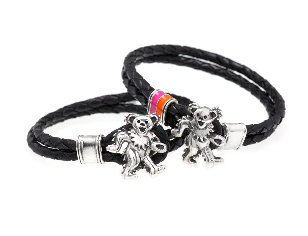 Dancing Bear Sterling Silver, Orange and Pink Enamel & Leather Bracelet