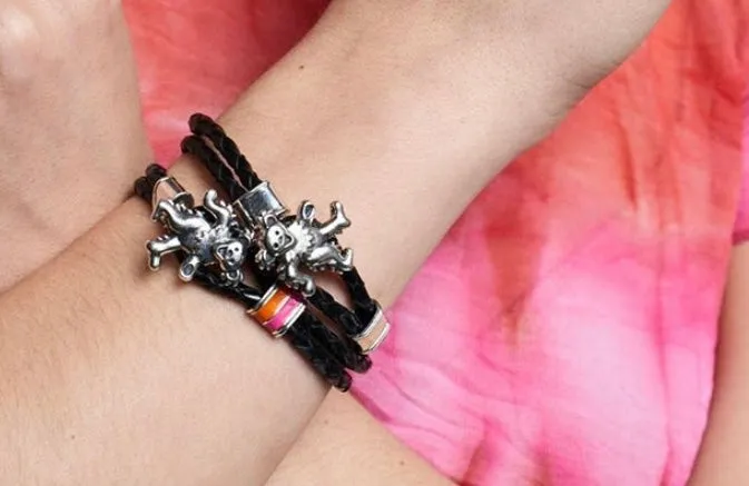 Dancing Bear Sterling Silver, Orange and Pink Enamel & Leather Bracelet