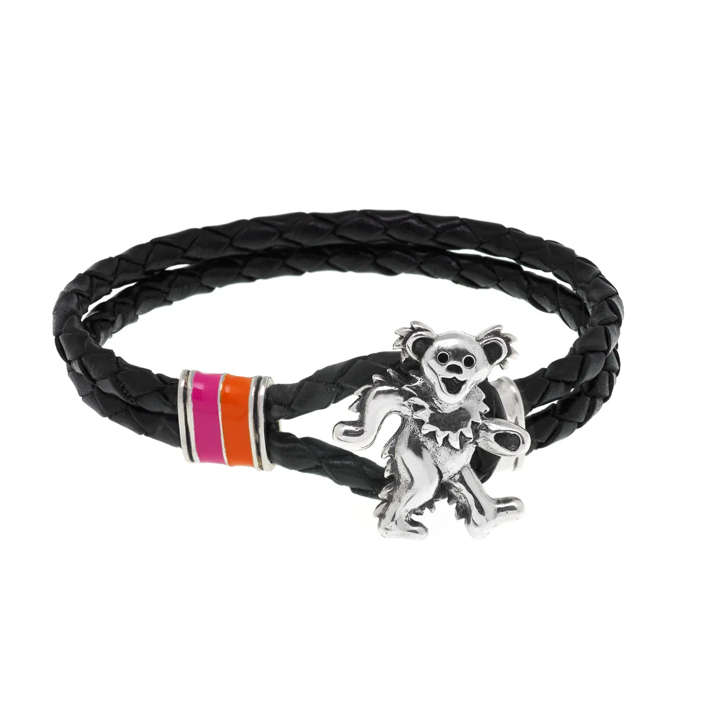Dancing Bear Sterling Silver, Orange and Pink Enamel & Leather Bracelet