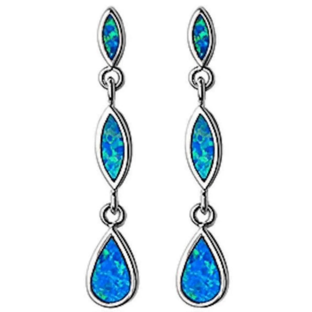 Dangle Marquis & Pear Shape Blue Opal Sterling Silver Earrings