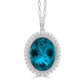 Doves 18K White Gold Bezel Set Oval London Blue Topaz with Diamond Halo Pendant