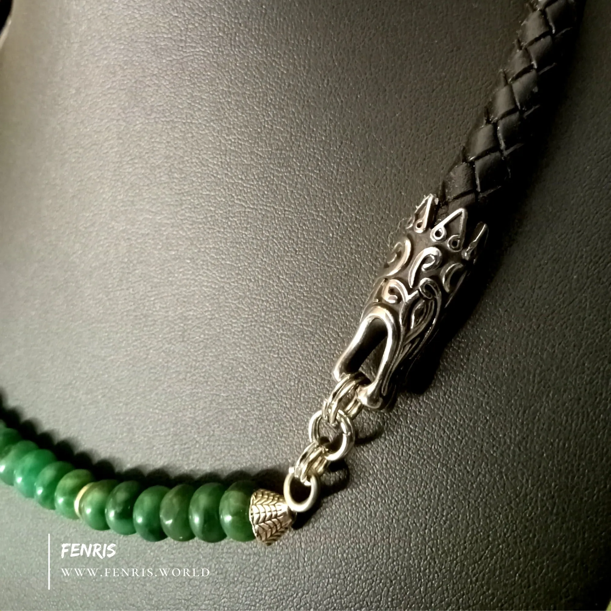 Dragon Jade Necklace Silver Black Leather Choker | Fenris