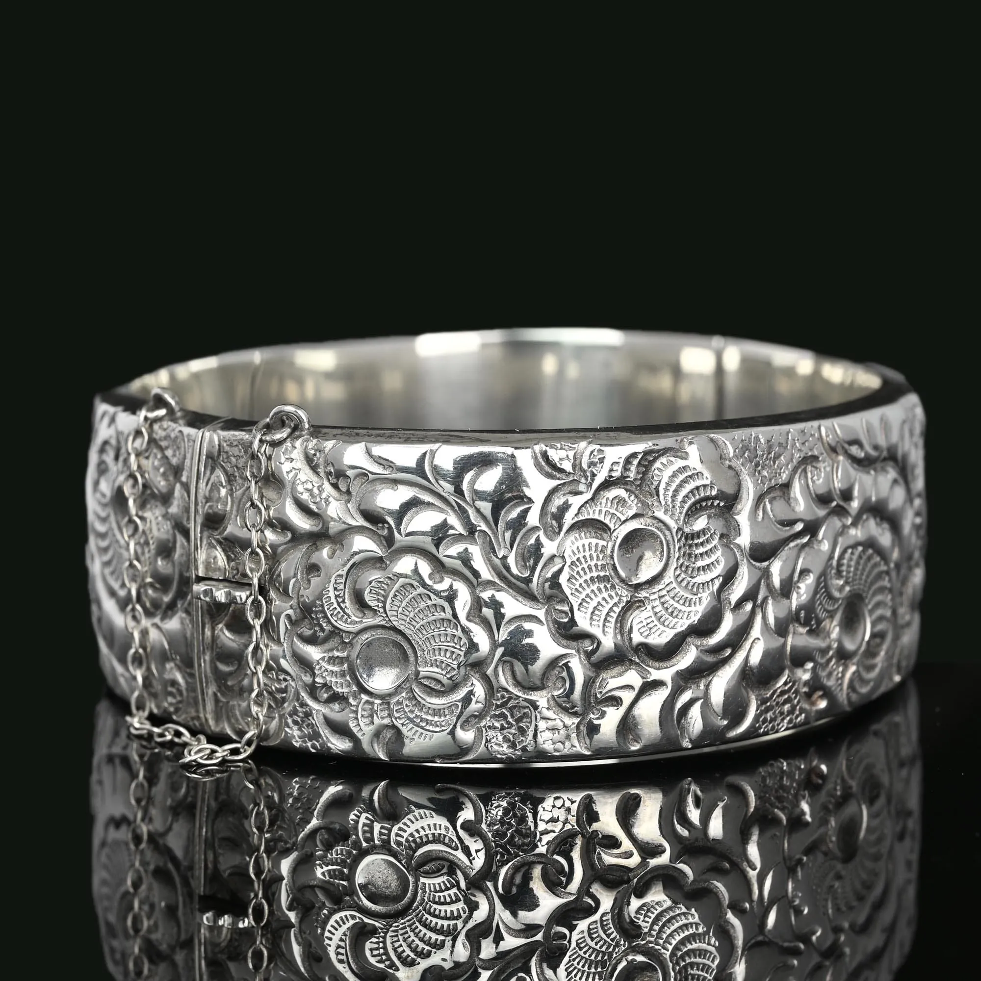 English Wide Floral Engraved Silver Bracelet Bangle