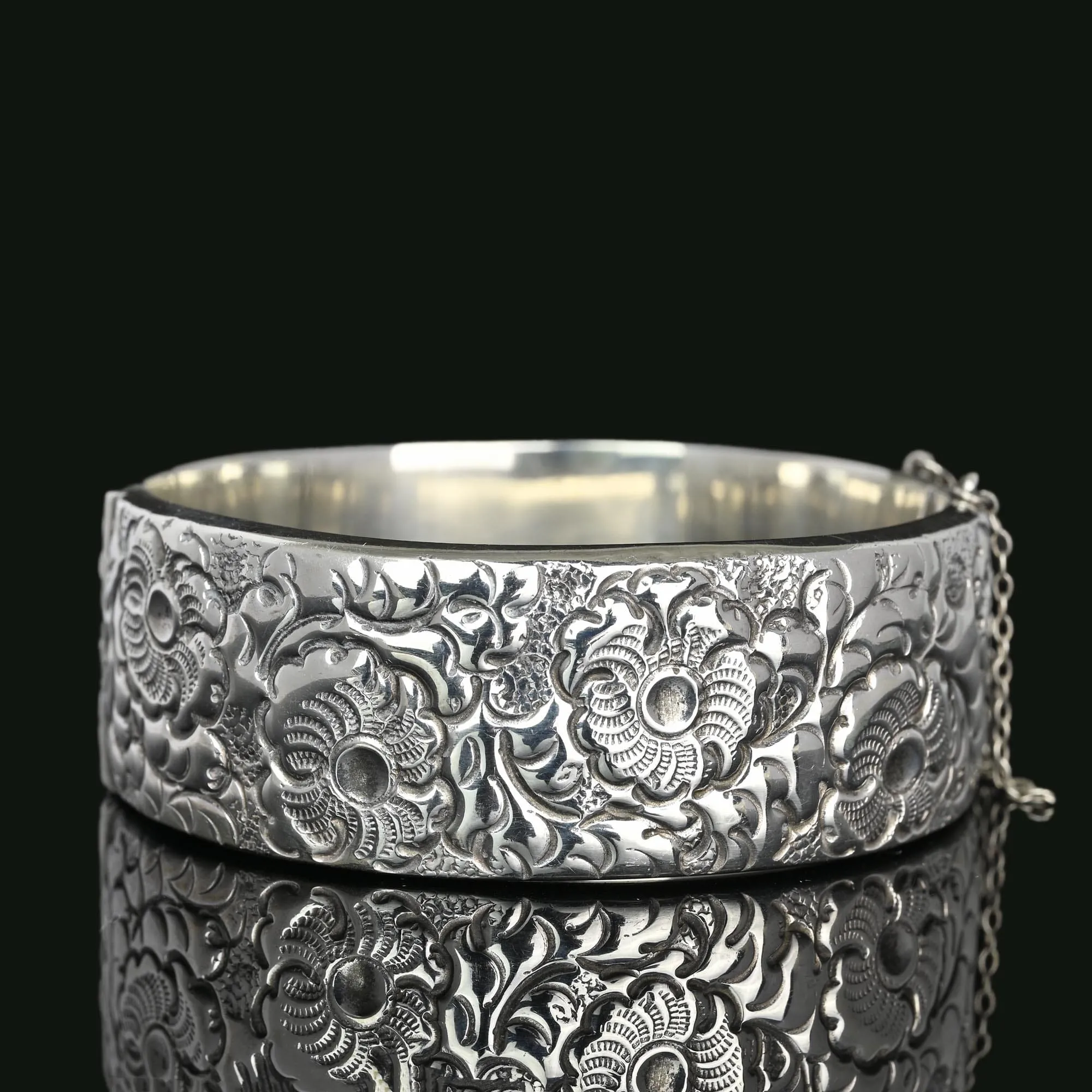 English Wide Floral Engraved Silver Bracelet Bangle