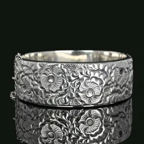 English Wide Floral Engraved Silver Bracelet Bangle