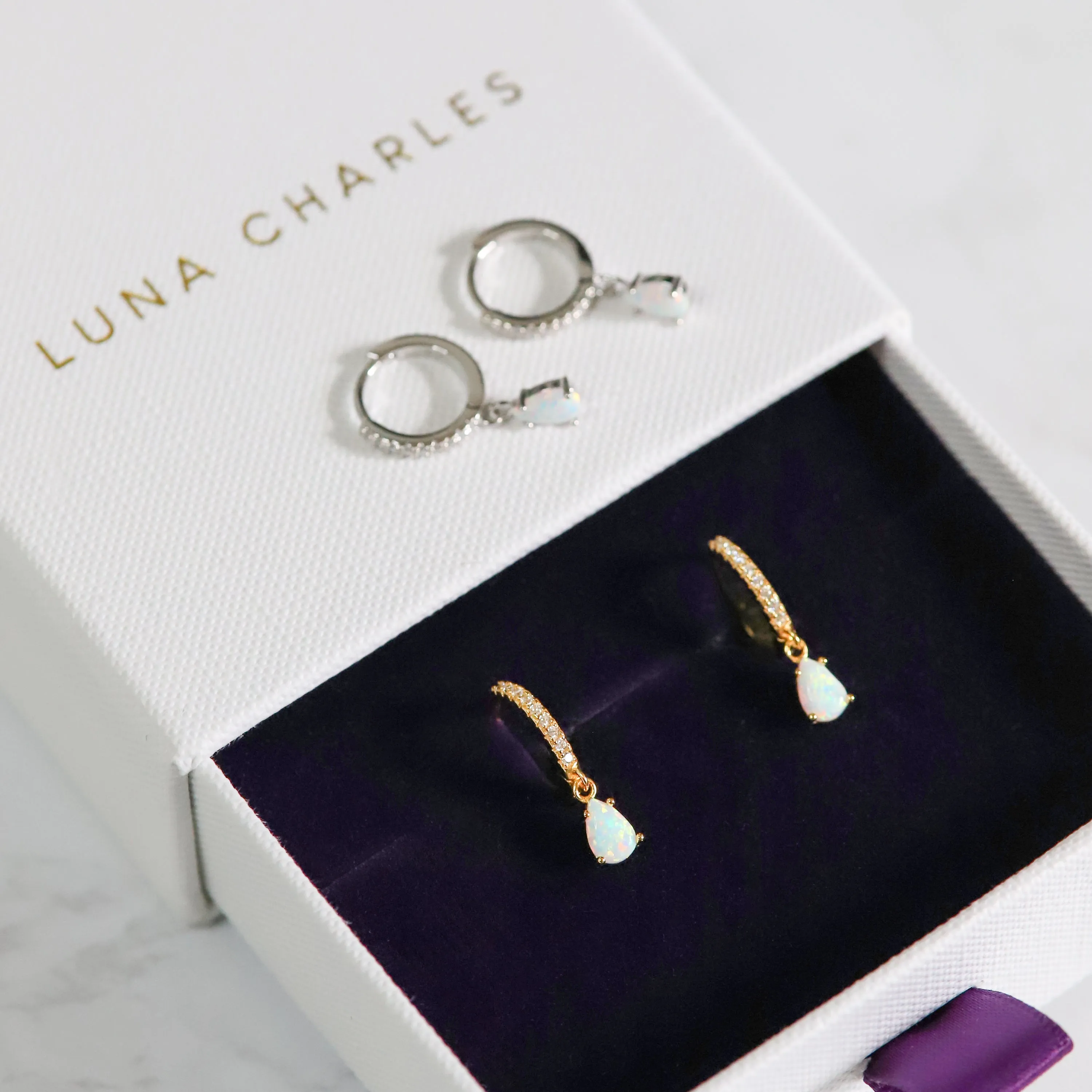 Eva Opal Charm Drop Huggies | 18k Gold Plated